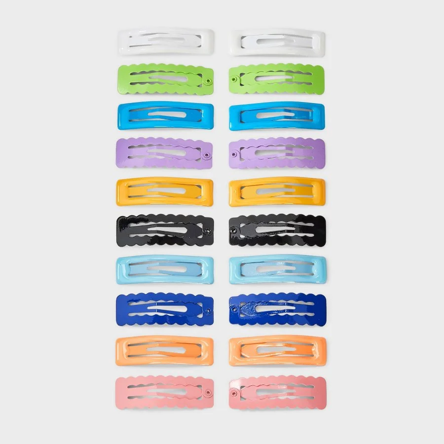 Multi-color set of 20 rectangle metal snap clips arranged flat on a white background
