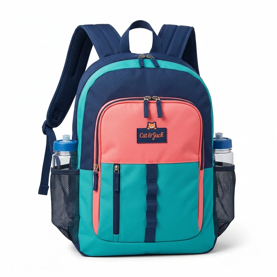 Cat & Jack kids 17-inch colorblock school backpack with water bottle pockets on a white background