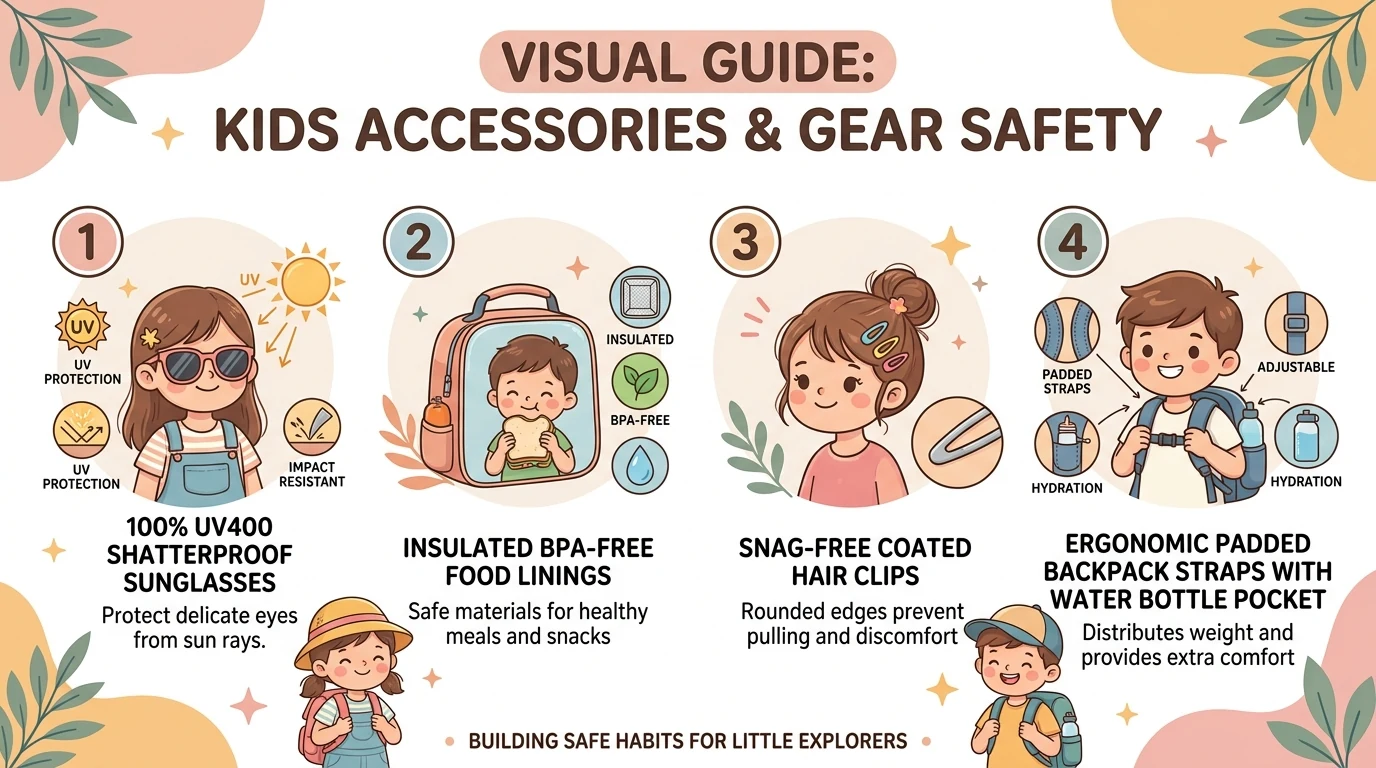 Visual guide: kids accessories and gear safety showing 100% UV400 shatterproof sunglasses, insulated BPA-free food linings, snag-free coated hair clips, and ergonomic padded backpack straps with water bottle pocket