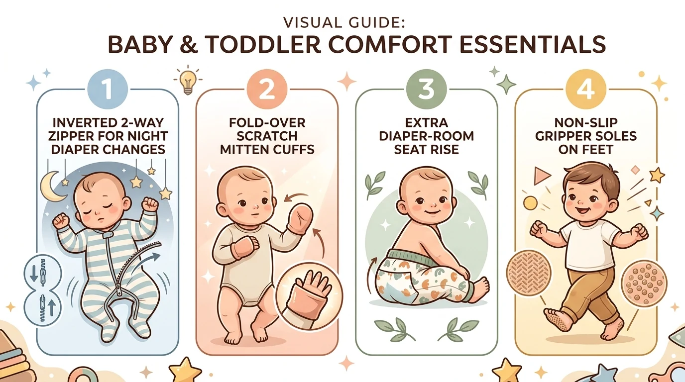 Visual guide: baby and toddler comfort essentials showing inverted 2-way zippers for night diaper changes, fold-over scratch mitten cuffs, extra diaper-room seat rise, and non-slip gripper soles on feet