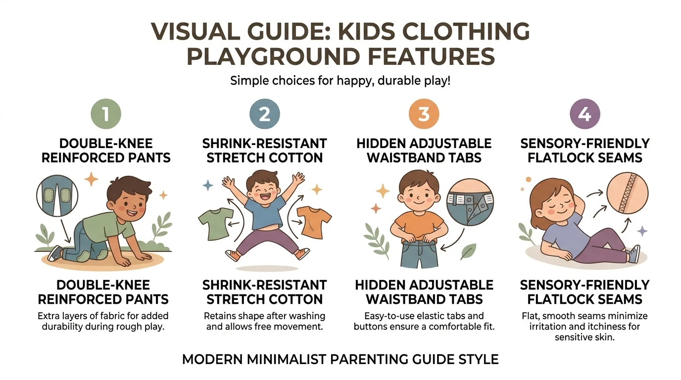Visual guide: kids clothing playground features showing double-knee reinforced pants, shrink-resistant stretch cotton, hidden adjustable waistband tabs, and sensory-friendly flatlock seams