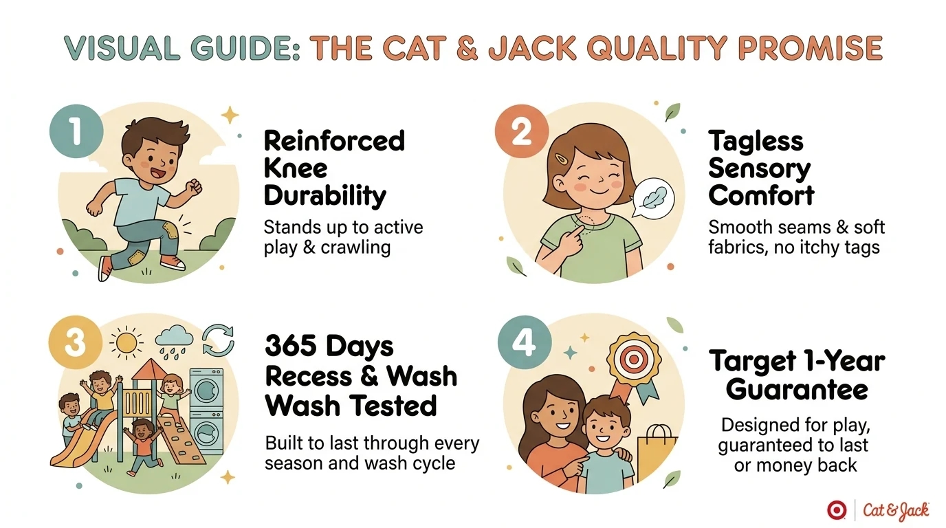 Visual guide illustrating the 4 steps of the Cat & Jack quality promise: reinforced knee durability, tagless sensory comfort, 365 days recess and wash tested, and Target 1-year guarantee