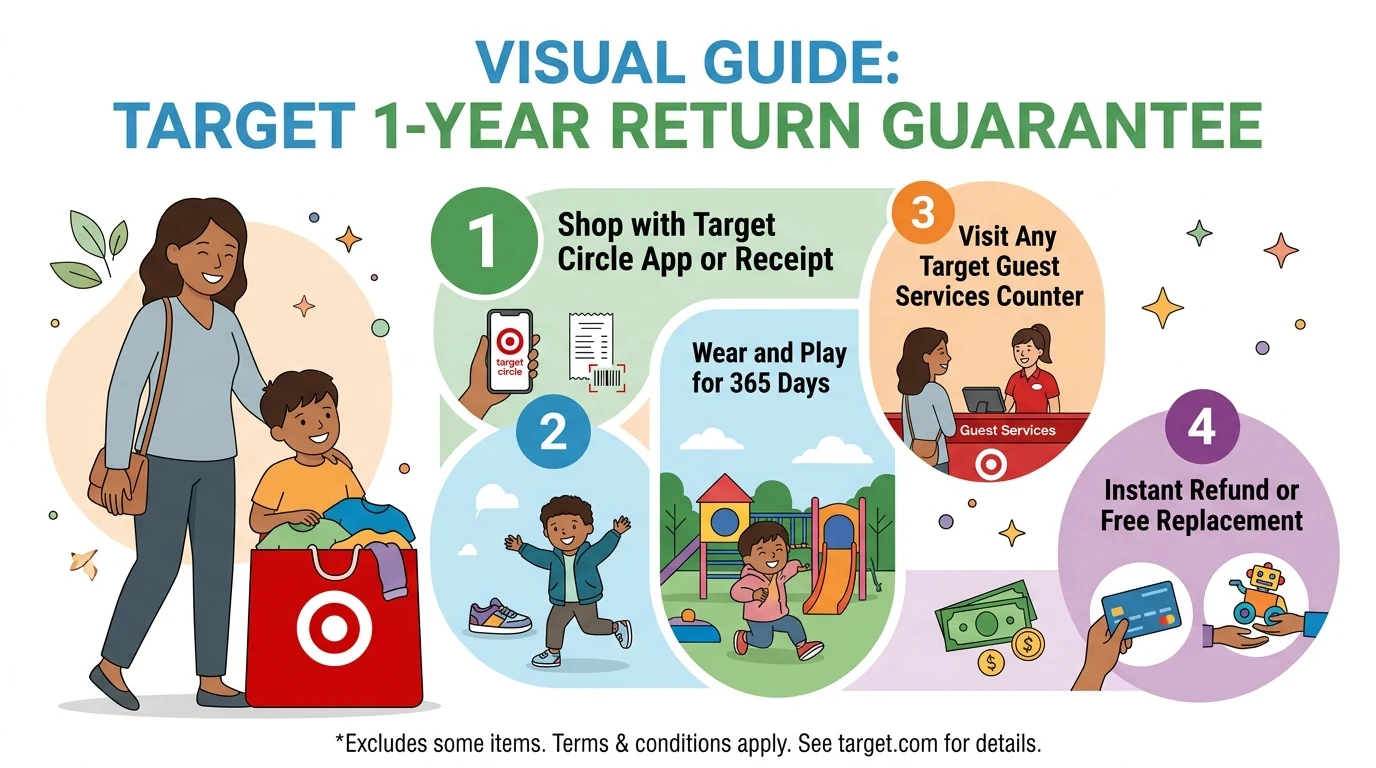 Visual guide: Target 1-year return guarantee showing step 1 shop with Target Circle app or receipt, step 2 wear and play for 365 days, step 3 visit any Target Guest Services counter, and step 4 instant refund or free replacement