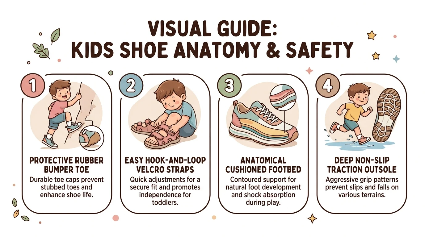 Visual guide: kids shoe anatomy and safety showing protective rubber bumper toe, easy hook-and-loop velcro straps, anatomical cushioned footbed, and deep non-slip traction outsole