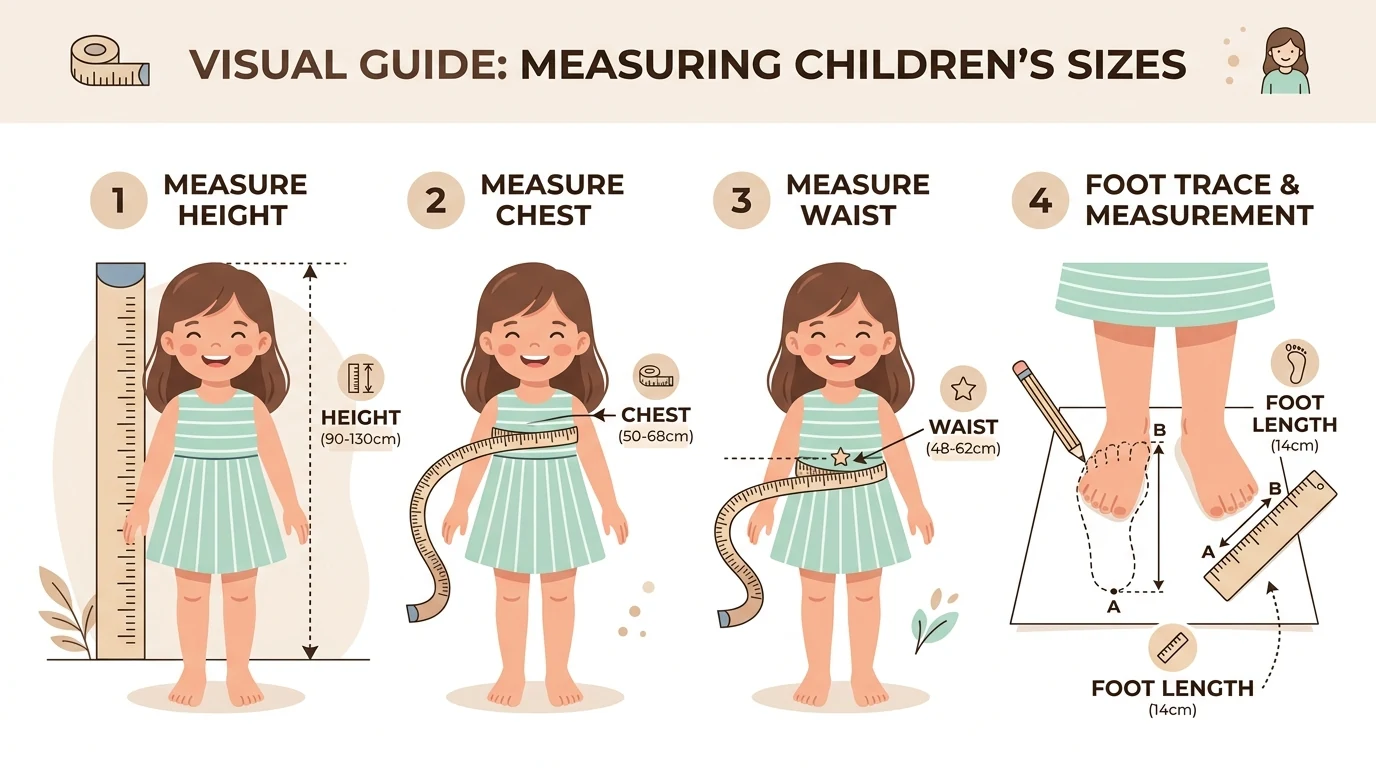 Infographic illustrating how to measure child height against a wall, chest width, waistline, and foot tracing on paper