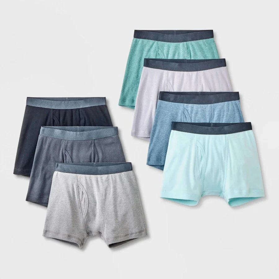Boys heather blue and gray 7-pack boxer briefs on a white background