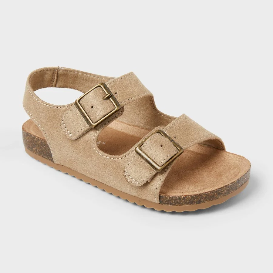 Taupe toddler Reagan footbed sandals with buckle strap detail on a white background