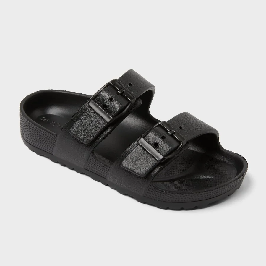 Black kids' Cat & Jack Noa blown EVA footbed sandals with dual buckle straps on a white background