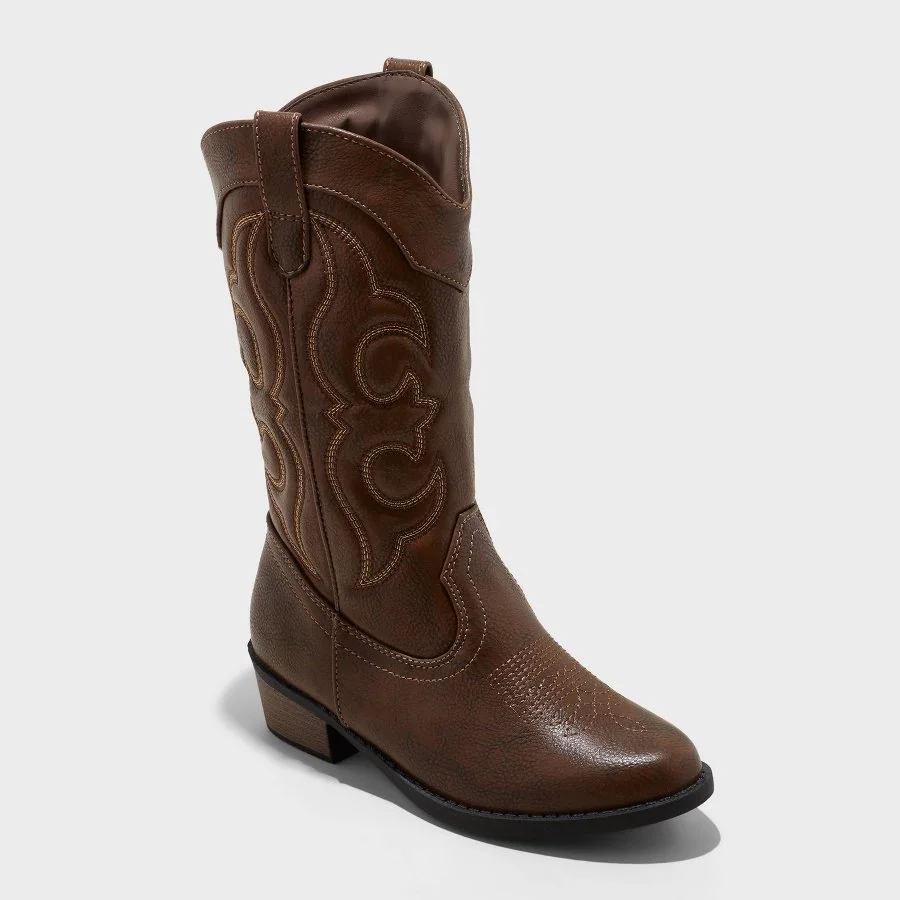 Brown kids' Montana western boots with side zipper and textured outsole on a white background