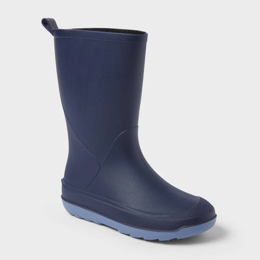 Navy blue kids' Andy rain boots with top pull handles on a white background