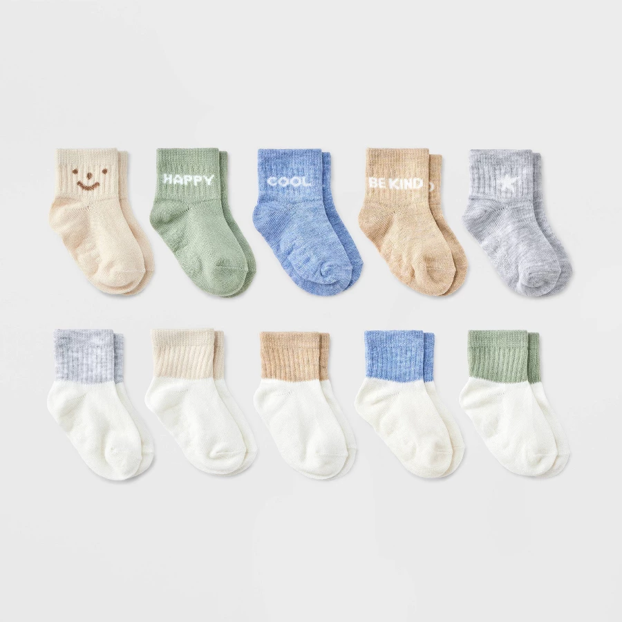 Baby and toddler ten-pack low-cut socks with non-skid gripper soles