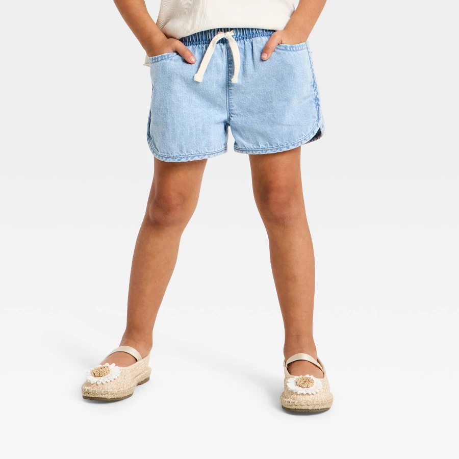 Toddler girls cotton denim woven shorts with drawstring waistband