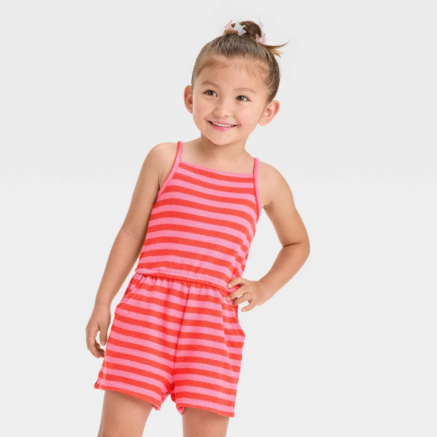 Toddler girls sleeveless French terry romper with crotch snaps