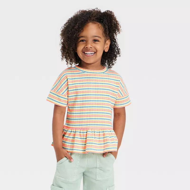 Cat & Jack Toddler Girls' Multi Striped Ruffle Ribbed T-Shirt