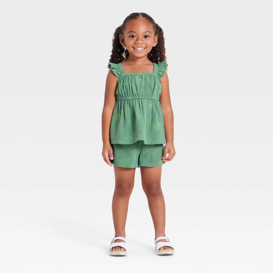 Toddler girls 2-piece embroidered woven tank top and green bloomer shorts set