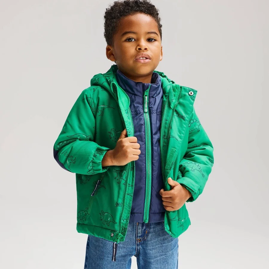 Cat & Jack Baby & Toddler 3-in-1 Winter Snowplay Dino Print Jacket in green